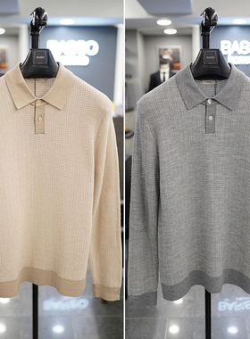 0130春装BASSO米色灰色异色领翻领纯羊毛华夫格针织衫毛衣2色