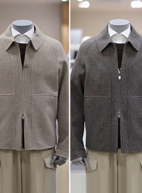 0101秋款BON韩版棕色男士翻领羊毛羊绒混纺双向拉链毛呢夹克外套