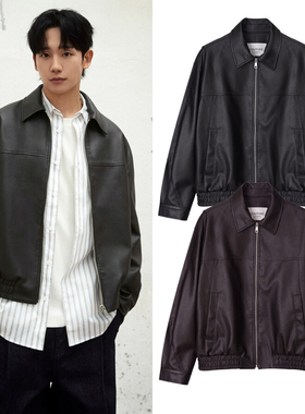 丁海寅明星0120秋季Mind Bridge心桥黑色翻领仿皮夹克短款皮衣