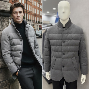 2025冬装TRUGEN韩版灰色纯色辑行短款绒面革夹克型鹅绒羽绒服男子