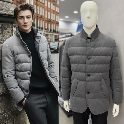 灰色短款绒面革夹克鹅绒羽绒服