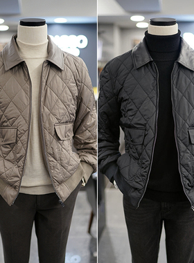 0101春季新款BASSO黑色纯色翻领羊皮领子菱格拉链棉衣外套男士