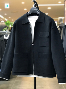 0120秋6折Liberclassy黑色纯色口袋拉链宽松休闲长袖针织开衫