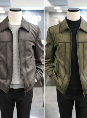 0130秋季新款BASSO灰色卡其绿色翻领仿麂皮拉链皮衣夹克2色男生