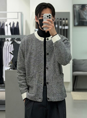 0120秋款Liberclassy圆领异色领灰色羊毛质宽松开衫针织衫男