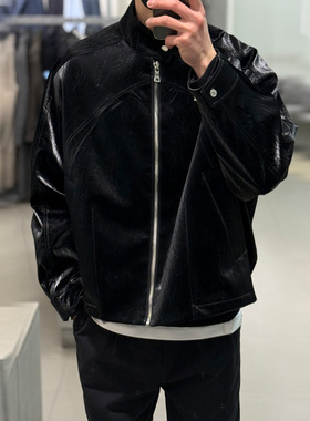 0120春秋67折Liberclassy黑色荔枝纹褶皱立领亮面短款仿皮皮夹克