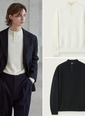 0130秋冬款CAMBRIDGE乳白色黑色亨利领男士时尚纯羊毛针织衫