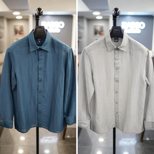 2色男士 衬衫 BASSO浅灰色松石蓝色纯色亚麻混纺长袖 0325春款