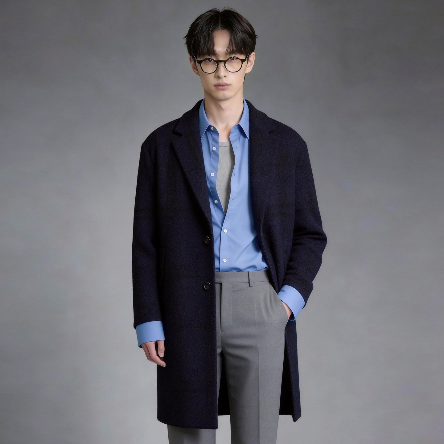 $国内现货175码23折Liberclassy藏青色格子单排扣羊毛毛呢大衣男