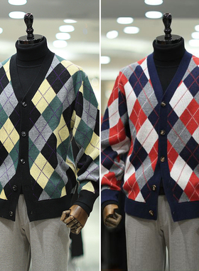 2025年冬季新款BON红色V领菱格拼色羊毛混纺休闲长袖针织开衫男装