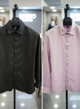 0325春款BASSO粉色黑色亚麻混纺纯色基础款休闲长袖衬衫男