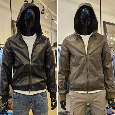 黑色连帽拉链束腰仿皮皮衣