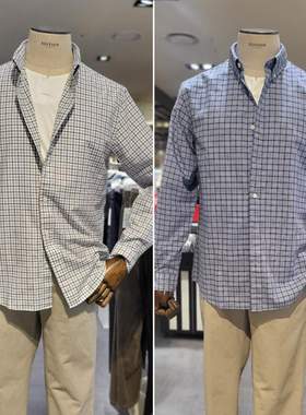 2025冬季新款EDITION白色蓝色格纹尖领扣领纯棉长袖衬衫男士衬衣