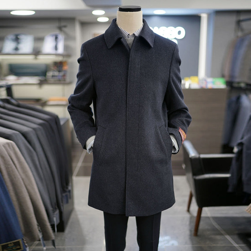 0301冬款BASSO藏青色翻领羊毛混纺休闲中长款毛呢大衣男款