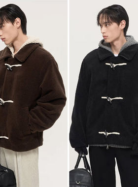 0101秋冬款TNGT棕色黑色牛角扣抓绒双向拉链短款外套2色男士