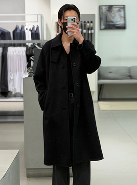 0120冬款liberclassy黑色羊毛混纺单排扣翻领长款毛呢大衣