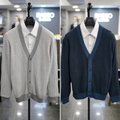 2026年春季 男青年藏青色V领压花菱格纹休闲针织开衫 新款 BASSO韩版