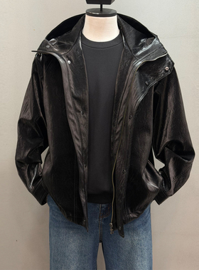 2026年春季新款liberclassy韩版男青年黑色休闲连帽仿皮皮衣夹克
