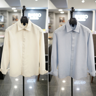 0325春BASSO天蓝色纯色COOL凉爽面料隐藏纽扣半宽松男士 衬衣 长袖