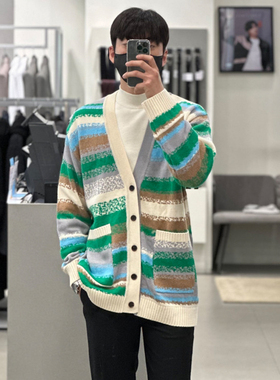 0901秋冬33折特价设计师GARNET乳白色绿色拼色V领羊毛针织衫开衫