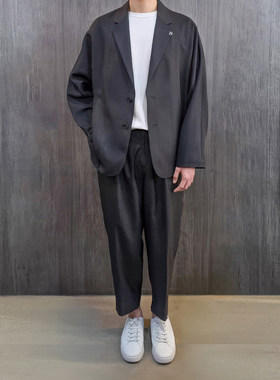 黑色亚麻混纺休闲宽松西服套装