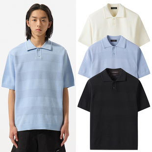3色男士 2025年夏季 针织衫 新款 CUSTOMELLOW蓝色条纹套头Polo领短袖