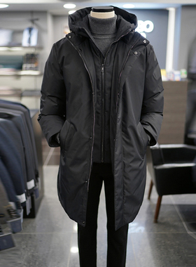 0301冬季新款BASSO黑色纯色可拆卸连帽领子鹅绒中长款羽绒服Q