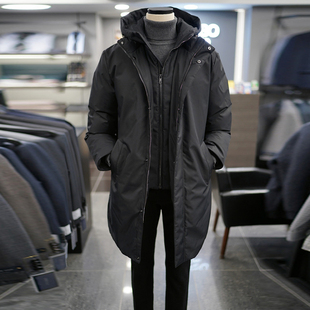 0130冬季新款BASSO黑色纯色可拆卸连帽领子鹅绒中长款羽绒服Q