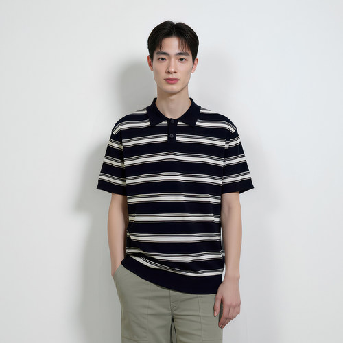 藏青色宽条纹棉混纺短袖POLO衫
