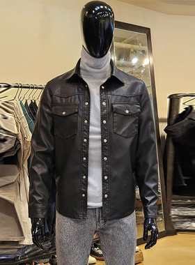 0101秋冬款PANICALE韩版男士帅气黑色双口袋休闲按扣仿皮皮衣外套