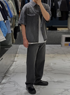 2025年秋款SOLID HOMME韩国代购高端男装灰色短袖牛仔衬衫可套买Q