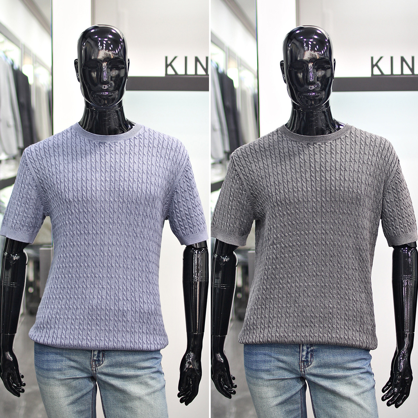 2026年夏季新款KINLOCH灰色圆领棉混纺麻花编织套头短袖针织衫男