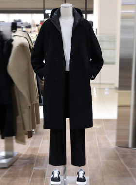 0301秋冬51折SIEG FAHRENHEIT黑色皮革帽兜羊毛宽松双层毛呢大衣