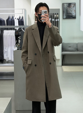 0120冬款liberclassy卡其米色西装领羊毛双排扣中长款毛呢大衣男