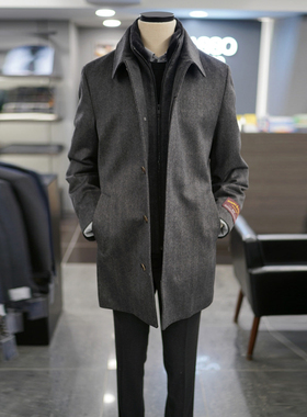 0206冬BASSO炭灰色可拆卸假两件貂毛领兔毛内里中长款毛呢大衣