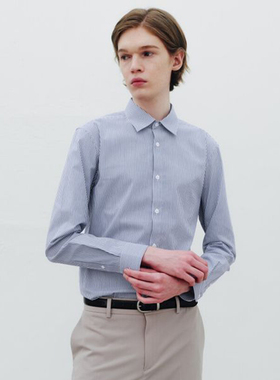 0101春款Mind Bridge心桥蓝色竖条纹商务休闲上班尖领长袖衬衫男