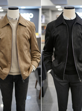 0130秋款BASSO米色黑色翻领男士绒面仿麂皮拉链夹克上衣