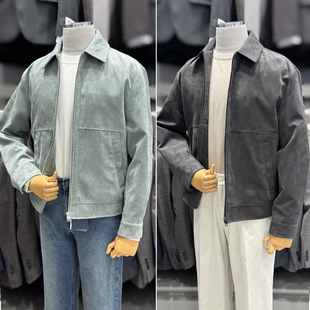 2026年夏季新款ZIOZIA韩版男青年薄荷绿色深灰色翻领仿皮夹克皮衣