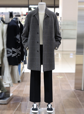 0301秋冬56折SIEG FAHRENHEIT混合灰色人字纹格纹纯羊毛毛呢大衣