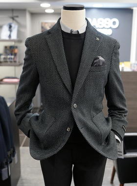 0130秋季新款BASSO绿色羊毛混纺粗花呢平驳领韩式休闲西服外套