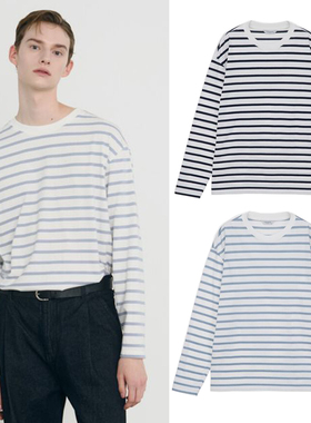 0101春款Mind Bridge心桥深藏青色蓝色圆领纯棉条纹长袖T恤2色男