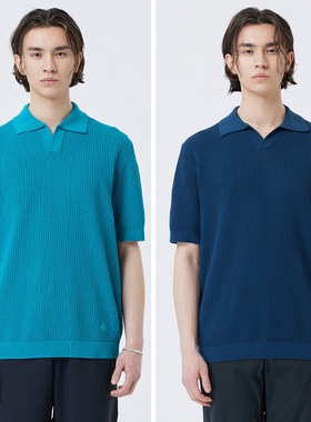 2025年夏季新款EPIGRAM蓝色V字翻领男士青春时尚休闲短袖针织衫