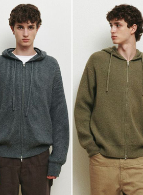 0101冬Mind Bridge心桥深灰色羊毛混纺双向拉链连帽抽绳针织开衫