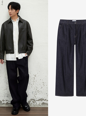 丁海寅明星同款0101秋Mind Bridge心桥靛蓝色棉混纺牛仔裤长裤