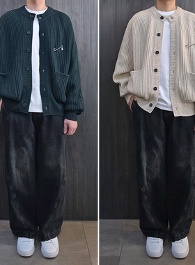 2025秋装SONGZIO米色绿色纯色圆领开衫宽松男士纽扣针织衫男士2色