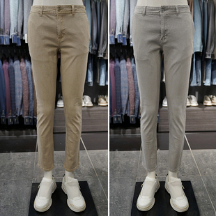长裤 瘦腿牛仔裤 子4色 BASSO浅灰色米色纯色弹力水洗棉修身 0325春装