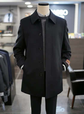 0301冬季新款BASSO黑色翻领羊毛混纺单排扣中长款毛呢大衣男士