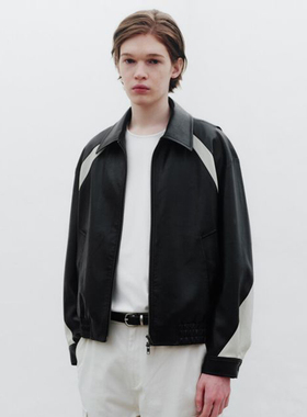 0320春款Mind Bridge心桥黑色翻领仿皮双向拉链短款宽松皮衣