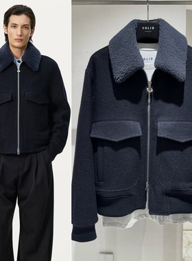 2025年冬季韩国代购SOLID HOMME深蓝色翻领纯羊毛短款毛呢夹克男Q