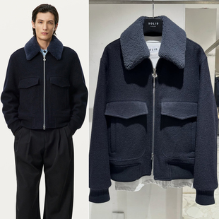 HOMME深蓝色翻领纯羊毛短款 SOLID 毛呢夹克男Q 韩国代购 2025年冬季